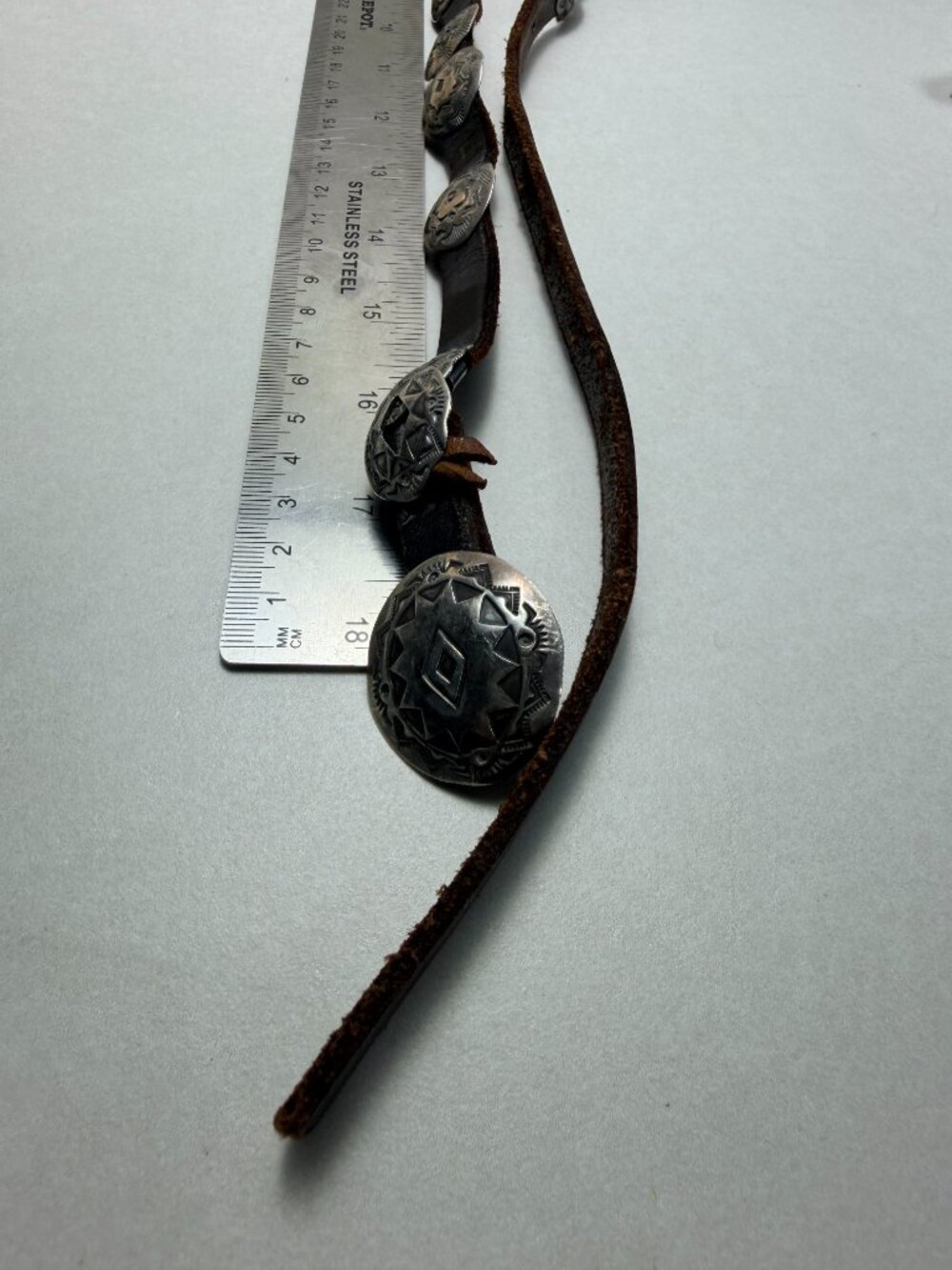 Vintage Native American Sterling Concho Belt Signed Hand Stamped Leather Long - Picture 15 of 16